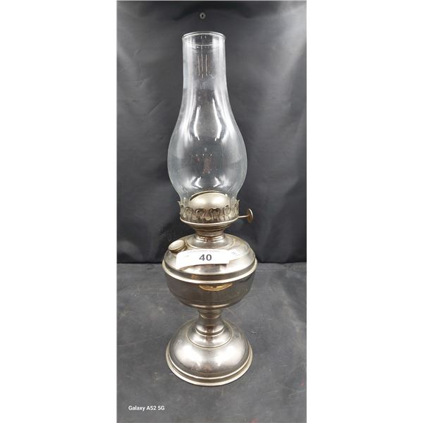Antique stainless steel oil lamp, Made by Eagle USA approx 17"