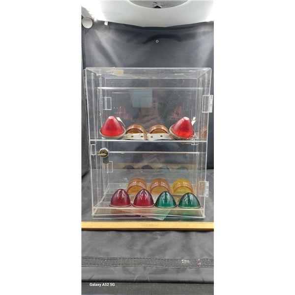 Vintage glass & plastic vehicle light lenses w/display case w/key, case approx 14"x11"x7"