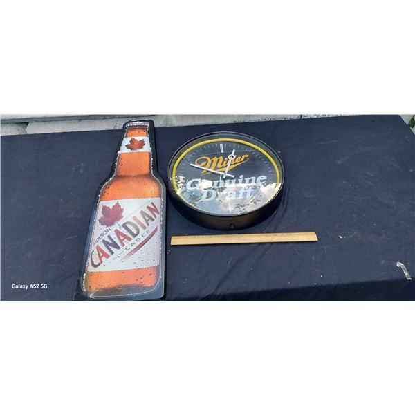 Large MGD clock 16.5" diameter & Molson Canadian wood bottle sign 31"x10"