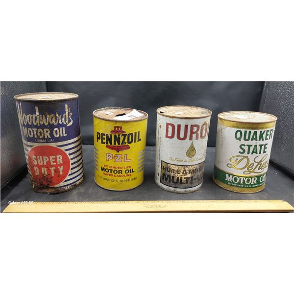 4 vintage oil tins, Quaker State, Woodward's etc.