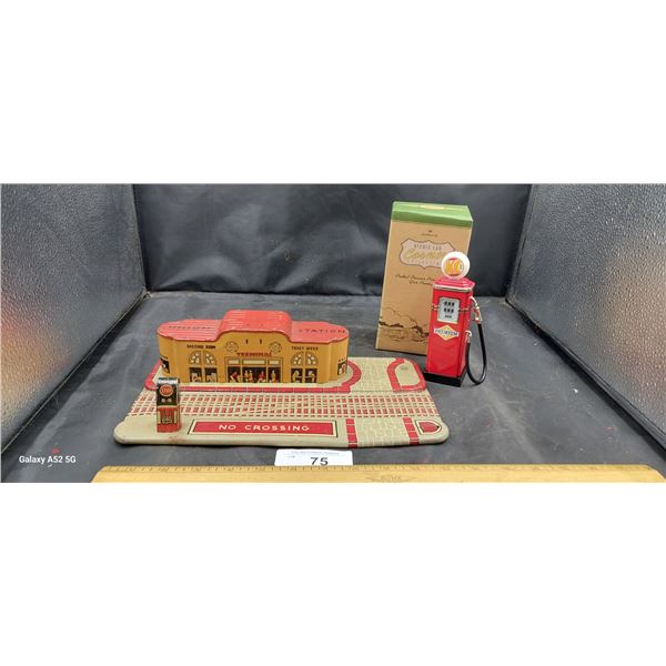 Vintage tin litho railway station and mini gas pump & box
