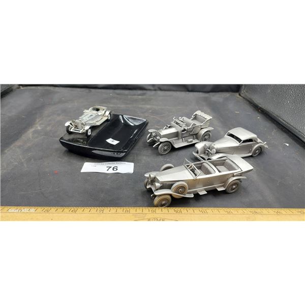 Collection of 3 vintage pewter cars and vintage car ashtray