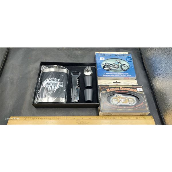 2 sets of Harley Davidson playing cards in collector tins plus HD flask set, all NIB
