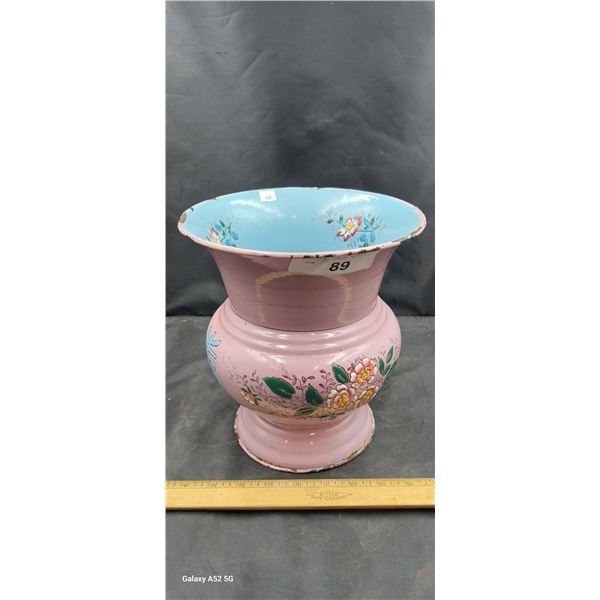 Antique ornately decorated tin spitoon Thick pink porcelain coating, great flower pot