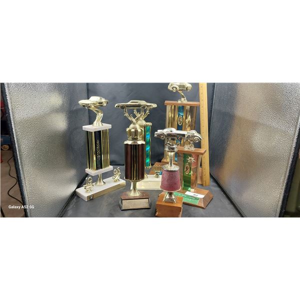 6 large 1970s hot rod/racing trophies, sizes 10"-16" tall