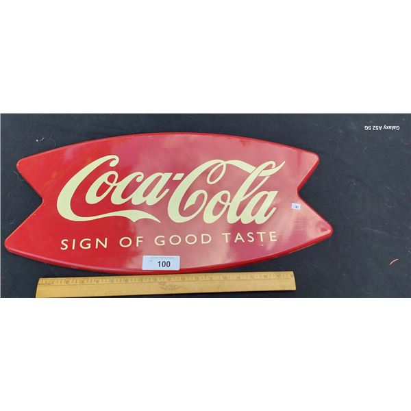 Vintage metal Coca-Cola fishtail sign, dated 1996, 26"x12"