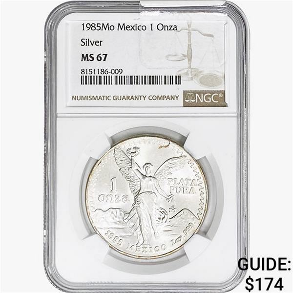 1985Mo 1oz. Silver Mexicanos Onza NGC MS67