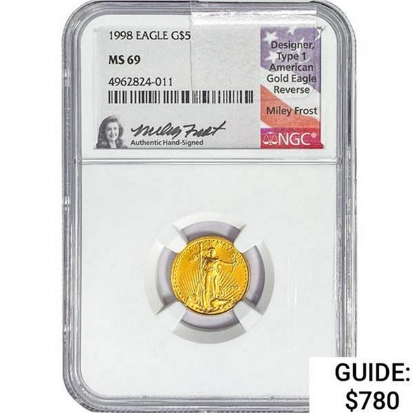 1998 $5 Ty1 A.G.E. REV Signed Frost 1/10th oz Gold NGC MS69