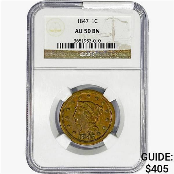 1847 Braided Hair Large Cent NGC AU50 BN