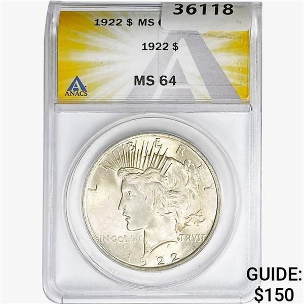 1922 Silver Peace Dollar ANACS MS64