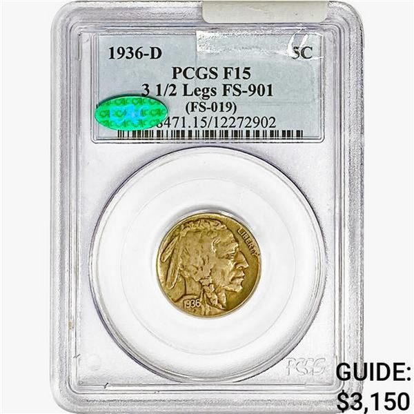 1936-D CAC Buffalo Nickel NGC F15 3 1/2Legs FS-901