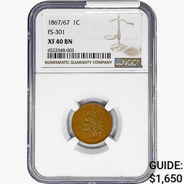 1867/67 Indian Head Cent NGC XF40 BN FS-301