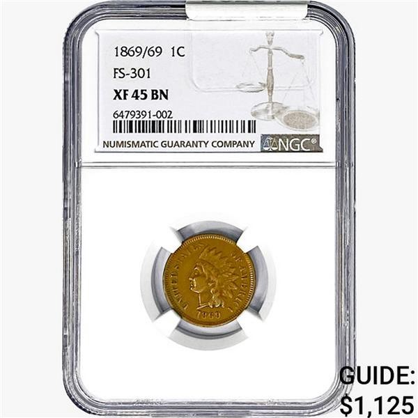 1869/69 Indian Head Cent NGC XF45 BN FS-301
