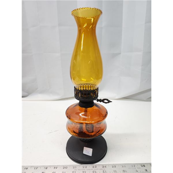 Amber glass oil lamp, metal base, w/ amber glass chimney - 15"H