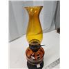 Image 2 : Amber glass oil lamp, metal base, w/ amber glass chimney - 15"H