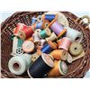 Image 2 : Wicker basket, w/ assorted spools of thread