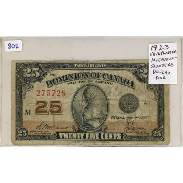 1923 25 Cents Shinplaster. McCavour-Saunders signatures. BC-24c. Fine-12.