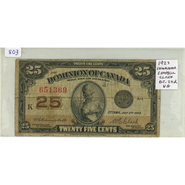 1923 25 Cents Shinplaster. Campbell-Clark signatures. The last Shinplaster issued. BC-24d. VG-8.