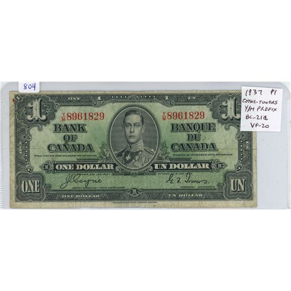 1937 $1. Coyne-Towers signatures. Y/M Prefix. BC-21d. VF-20.