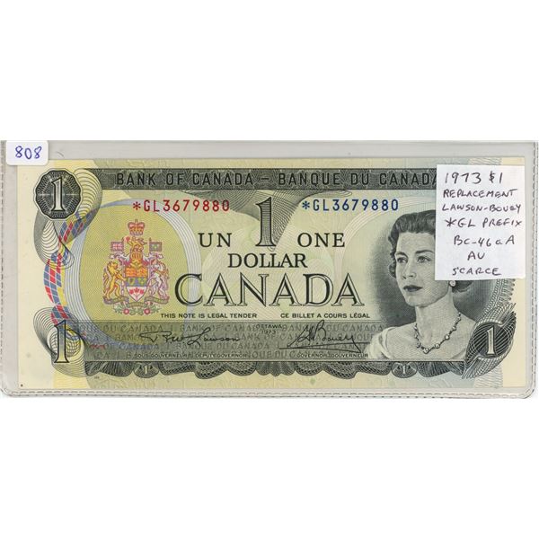 1973 $1 Replacement note. Lawson-Bouey signatures. *GL Replacement Prefix. BC-46aA. AU. Scarce.