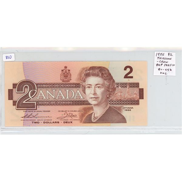 1986 $1. Thiessen-Crow signatures. BRP Prefix. BC-55b. Uncirculated.