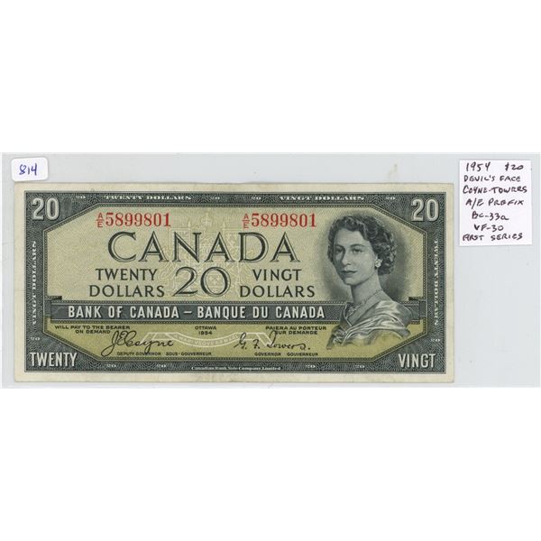 1954 Devil’s Face $20 note. Coyne-Towers signatures. A/E Prefix. BC-33a. VF-30. The first s