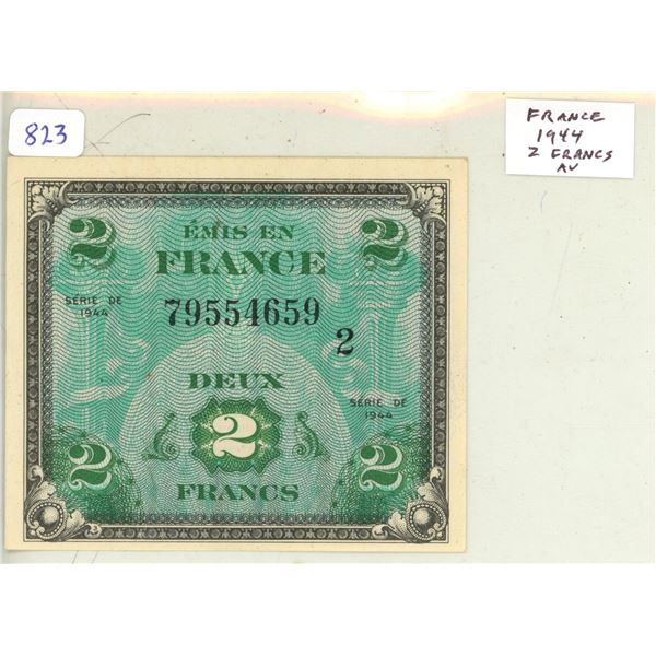 France. Allied Military Currency. 1944 2 Francs. Tri-color French flag. AU.