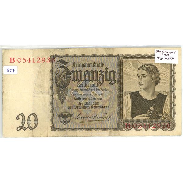 Germany – Nazi Third Reich. 1939 20 Mark. VF.