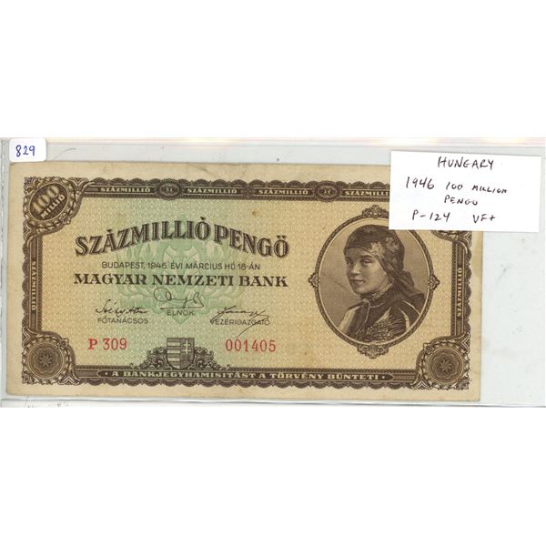 Hungary. 1946 100 Million Pengo. Inflationary note. VF+.