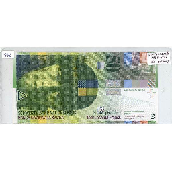 Switzerland. 1994 – 1995 50 Francs. High denomination note. VF.