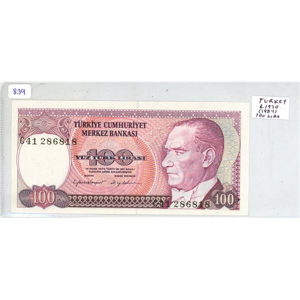 Turkey. L1970 (1984) 100 Lira. Ataturk, the first president of Turkey. Unc.