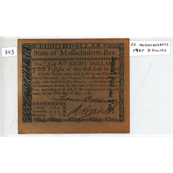 USA. State of Massachusetts Counterfeit 1780 $8. Not a real note.