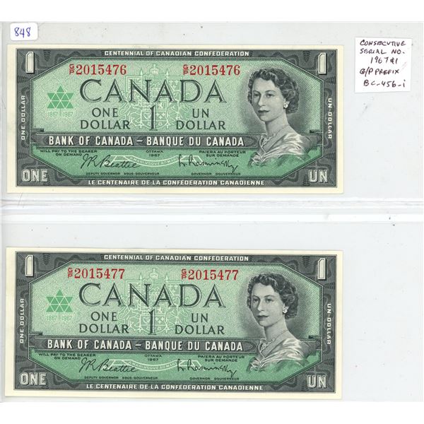 Lot of 2 Consecutive Serial Number 1967 $1 notes. Beattie-Rasminsky signatures. G/P Prefix. BC-45b-i