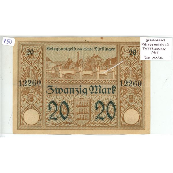 Germany – Weimar Republic. Kriegsnotgeld (War Necessity Money) for the City of Tuttlingen. 