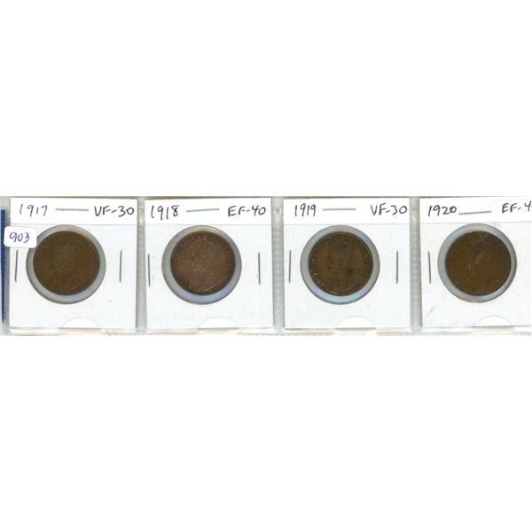 Set of 4 of the last Canadian Large Cents. Includes 1917, 1918, 1919 & 1920. Coins grade VF-30 to EF
