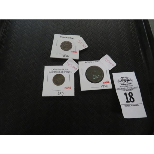 1828 Large Cent, 1850 Copper Nickel, 1882 Shield Nickel