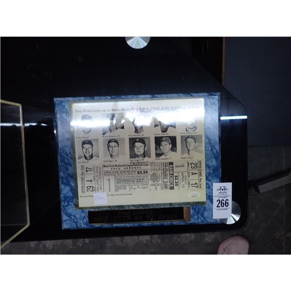 1962 Mets First Line Up At St. Louis Autographed w/Ticket Stub Plaque