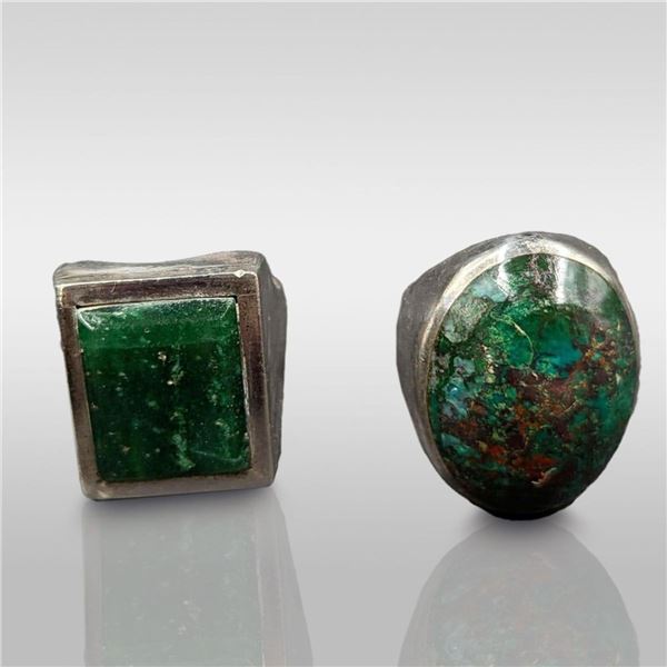 Pair Of Vintage Mexican 925 And 950 Silver Rings With Emerald And Corella Quartz, 50.57 Total Weight