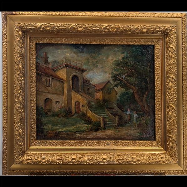 Signed Mid 20th Century French Artist B Dyer Oil On Canvas Scenic Painting With Gilt Frame