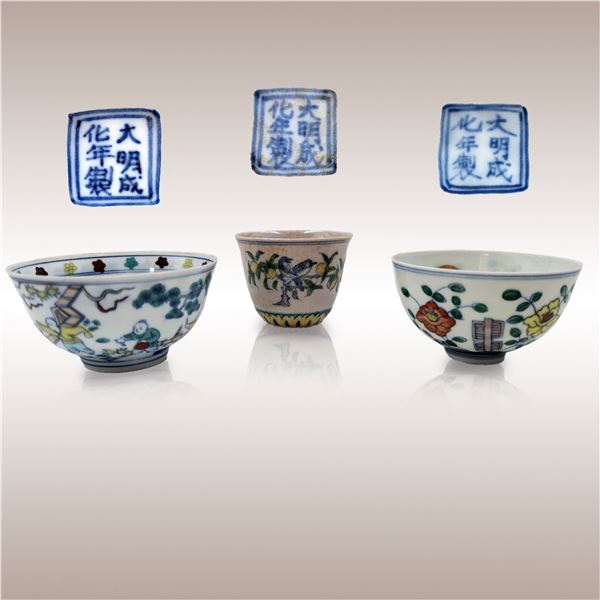 Lot Of 3 Hand Painted Chinese Doucai Tea Cups With Double Line Six Character Marks