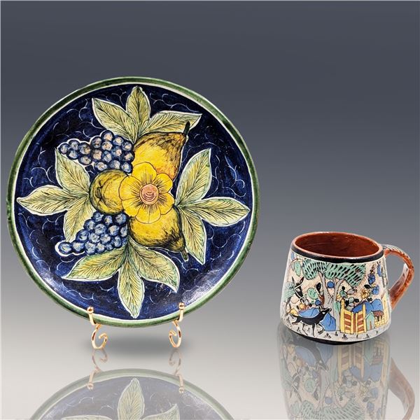 Lot Of 2 Highly Decorated Vintage Mexican Pottery Pieces From Different Areas, Early-Mid 20th C.