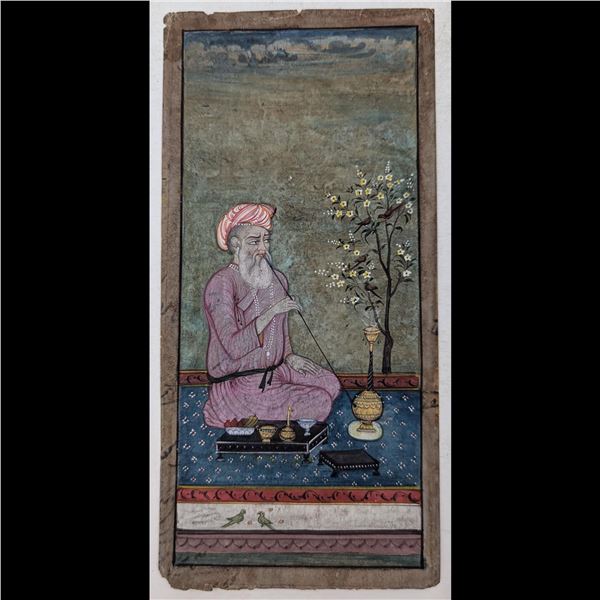 Indian Mughal School Miniature Painting Of A Sufi Saint Smoking A Huqqa