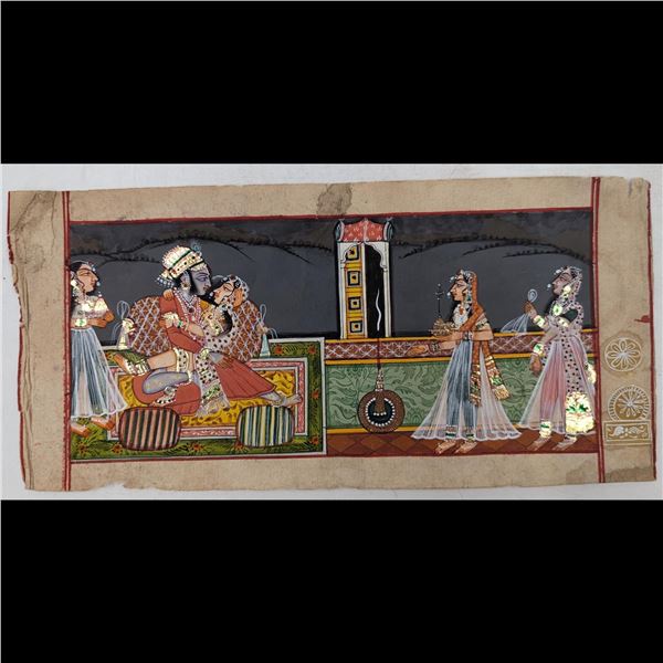 Indian Bundi School Miniature Painting Of A King And Queen On A Manuscript Page