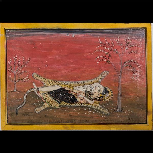 Indian Pahari School Miniature Painting Of Shiva And Parvati Sleeping On A Tiger Skin