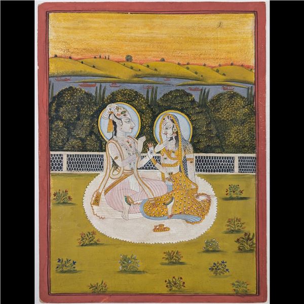 Indian Kishangarh School Miniature Painting Of Radha And Krishna On A Palace Terrace