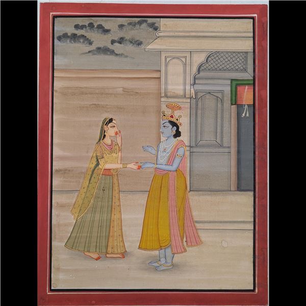 Indian Pahari School Miniature Painting Of Radha And Krishna Palace Scene