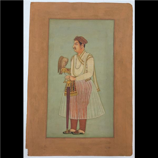 Indian Mughal School Miniature Painting Of Emperor Akbar With A Vulture