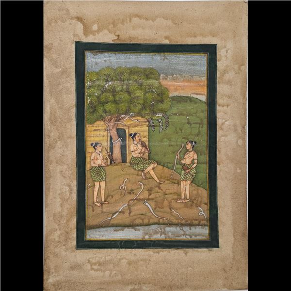Indian Mughal Lucknow School Miniature Painting Of Snake Catching Tribal Woman