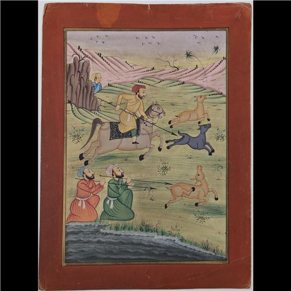 Indian Mughal School Miniature Painting Of A Royal Hunt