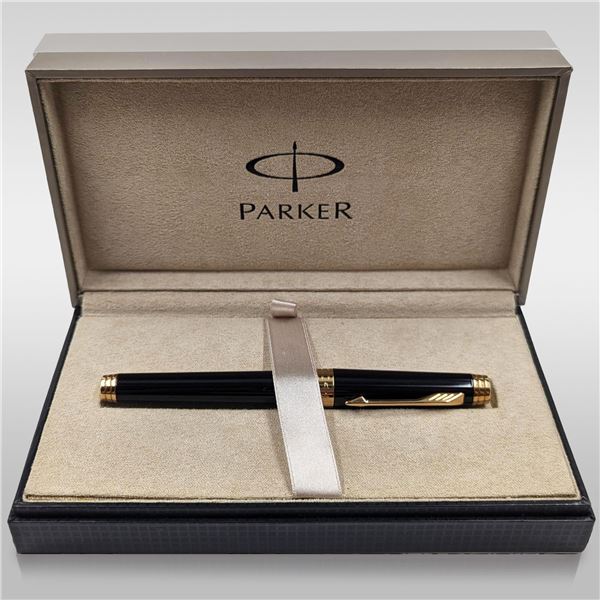 Pristine And Unused French Made Parker Premier Deluxe Black Lacquer Rollerball Pen In Original Box